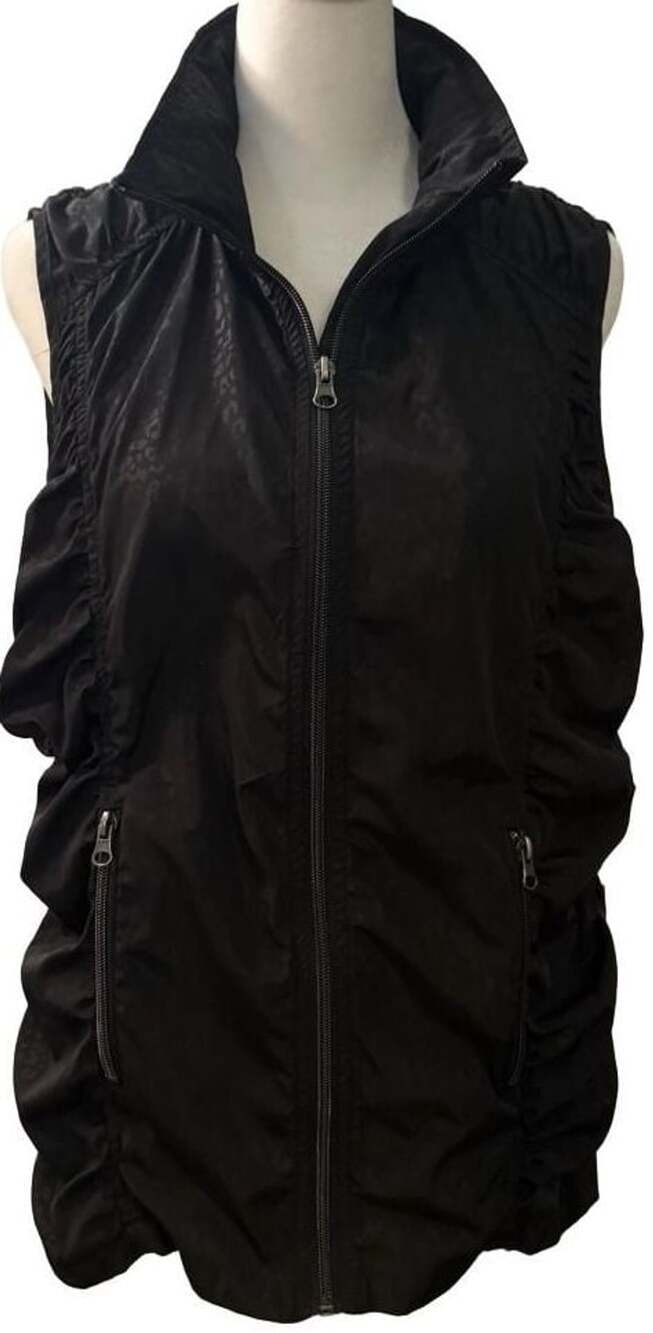Saks Fifth Avenue Black Nylon Ruched Animal Print Full Zip Puffer Vest